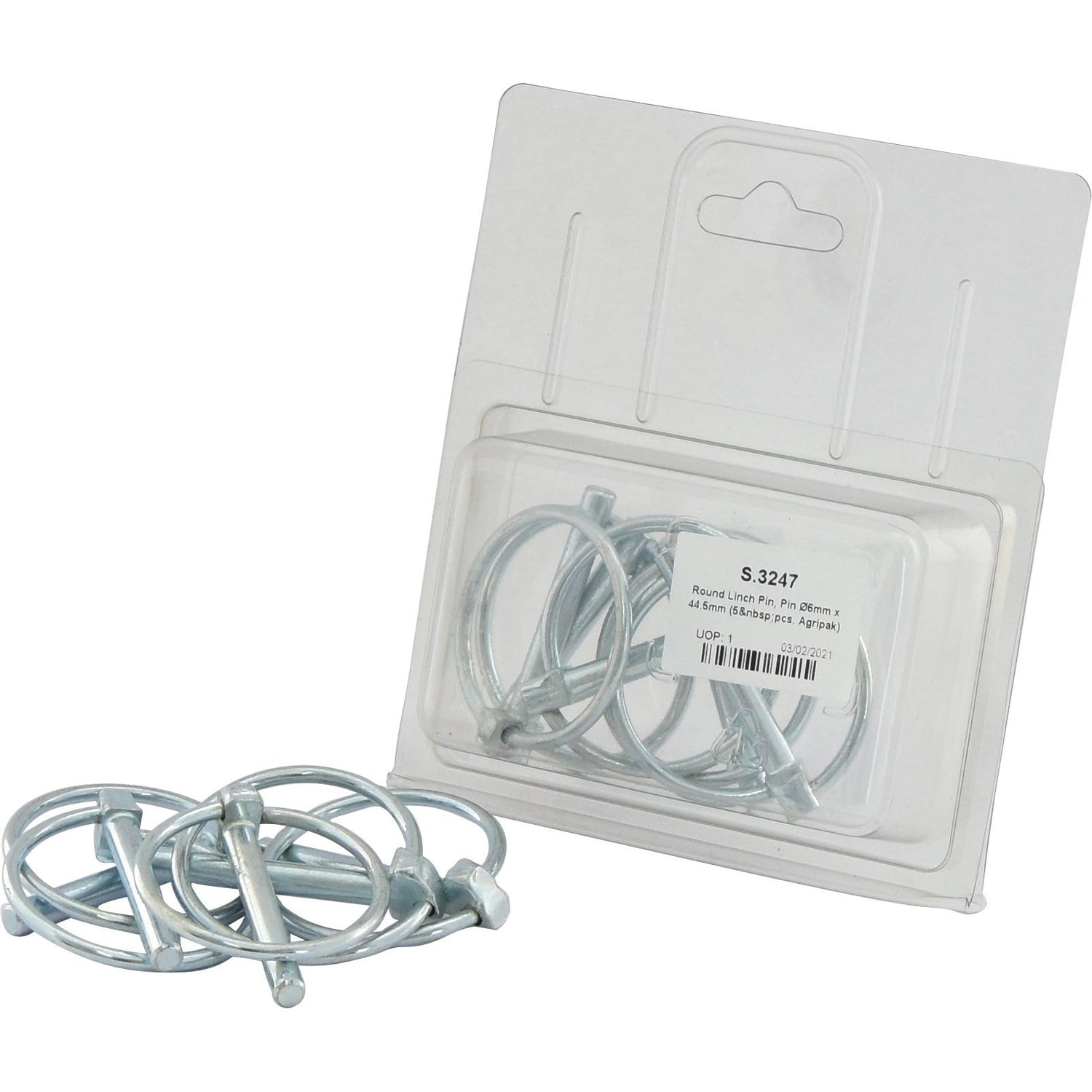 A pack of round linch pins, branded "Sparex," with some pins displayed in front. The packet is labeled "S.3247" and contains five Sparex pins, each featuring a loop and straight pin, measuring Ø6mm x 44.5mm.