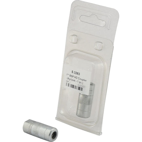 Packaged and unpackaged BSP HD Hydraulic Couplers. The packaged coupler, labeled with product code S.3263, is a Grease Gun Coupler 1/8'' BSP HD - 4 Jaw (Plastic Agripak 1 pc.), compatible with Ford / New Holland 1934054, and manufactured by Sparex.
