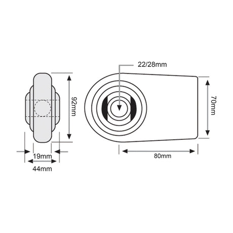 A technical diagram showcasing three views of the Lower Link Weld On Ball End (Cat. 1/2) | Sparex Part No.S.3270 by Sparex, with dimensions labeled: 92mm height, 80mm working length, 70mm depth, 22/28mm internal diameters, 44mm width, and a fitting of 19mm.