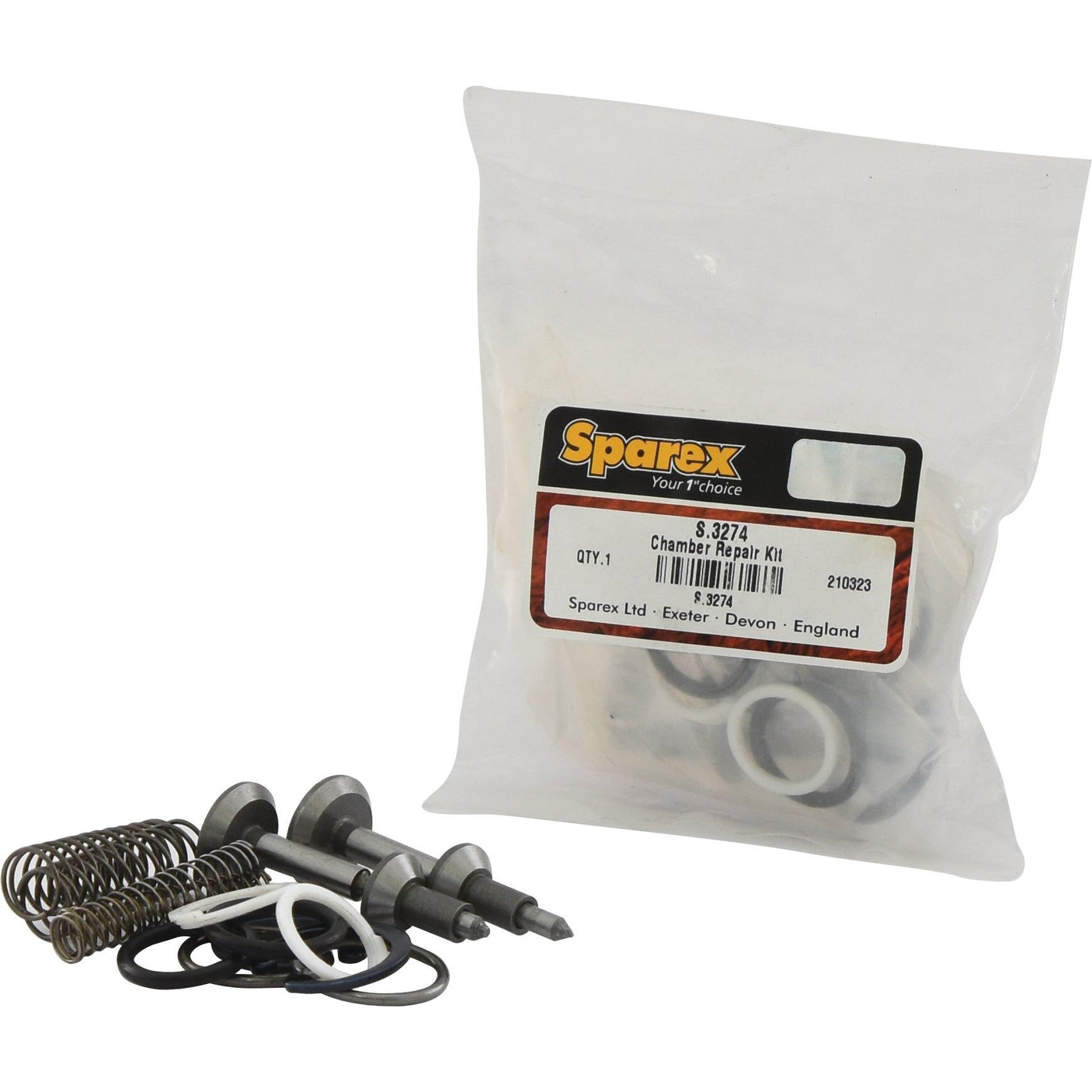 A product labeled "Chamber Repair Kit | Sparex Part No.S.3274" from the brand Sparex contains various small mechanical components for Massey Ferguson, with some parts like springs and washers placed outside the bag.