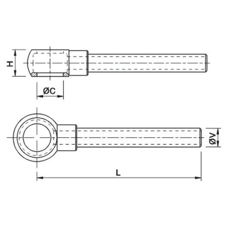 This technical drawing of the Banjo Pipe - S.32972 by Sparex, suitable for manufacturing purposes, presents both a side view and an end view with labeled dimensions for height (H), diameter (ØC and ØV), and length (L).