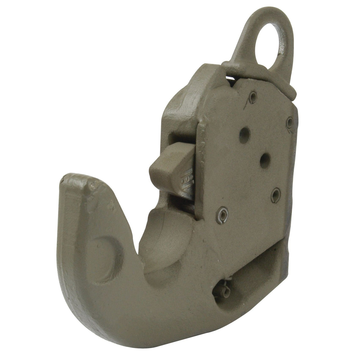 The Sparex Lower Link Weld-On Hook (Cat. 1), part number S.32990, is a gray, industrial lifting hook featuring a latch mechanism and a circular eyelet at the top, suitable for tractors up to 50hp.