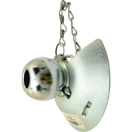 Experience seamless integration with the Lower Link Ball, Guide Cone and Linch Pin (Cat. 2/1) - S.32992 by Sparex. This metallic assembly features a spherical ball attached to a chain and a flat, angled surface with an accessible barcode sticker for effortless reference to manufacturing information, making it suitable for various applications in your project.