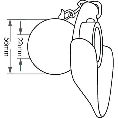 Diagram of a side view of the Sparex Lower Link Ball, Guide Cone, and Linch Pin (Cat. 2/1) - S.32992 with manufacture information, including measurements indicating a width of 56mm and a depth of 22mm.