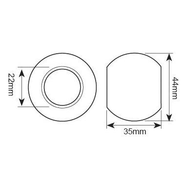 Technical drawing of the Lower Link Ball (Cat. 1/1) - S.32993 by Sparex with detailed product specifications: 22mm diameter circle, 44mm tall, and 35mm wide. The side view illustrates the shape with a semi-circular top and flat bottom.