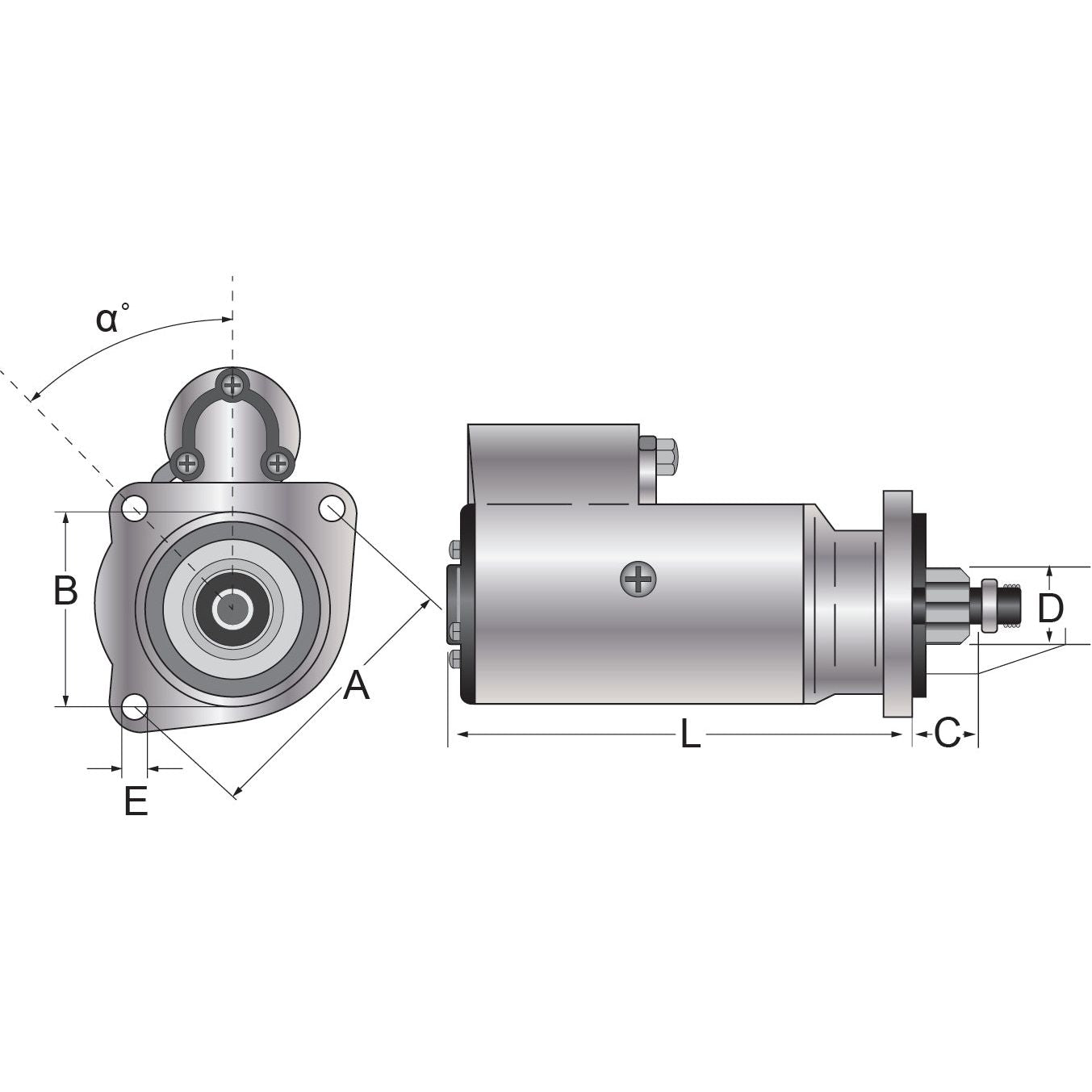 Technical diagram of a mechanical component, integral to the Sparex Starter Motor - 12V, 3Kw, Gear Reducted (Sparex Part No. S.329981), showing side and front views with labeled dimensions A, B, C, D, E, and angle α°. Includes cylindrical and flange features with mounting holes for the gear-reducted system.