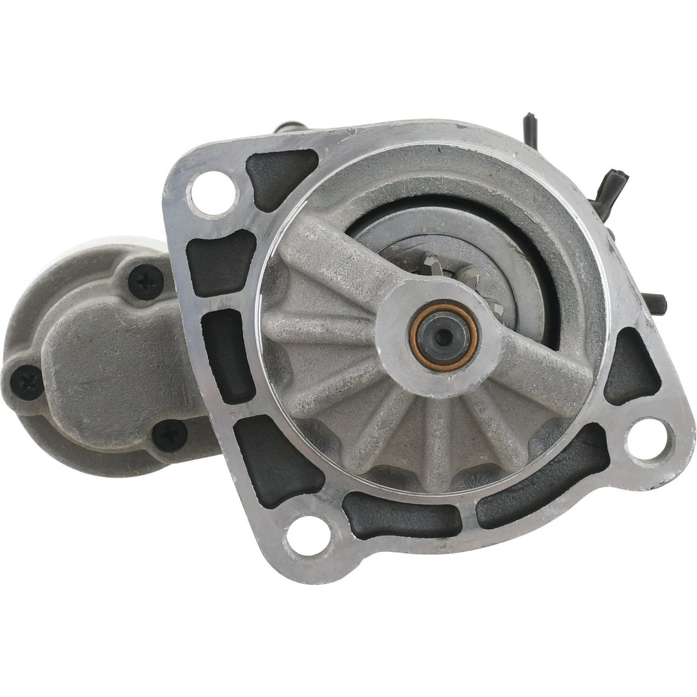 A sparkly silver Starter Motor - 12V, 3Kw, Gear Reducted (Sparex) on a white background, highlighting its detailed gears and mounting holes.