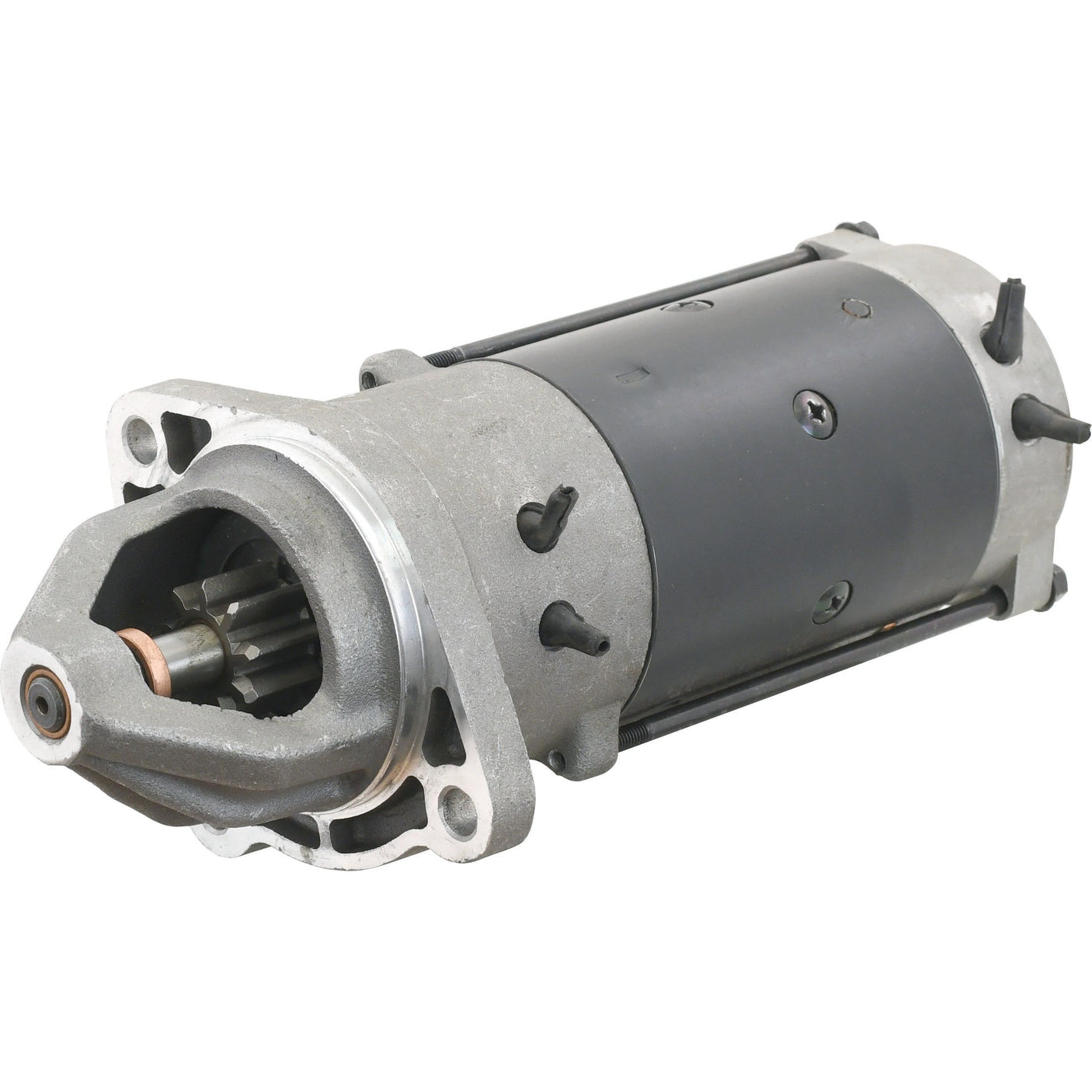 Image of the Starter Motor - 12V, 3Kw, Gear Reducted (Sparex), featuring a cylindrical metal body, several mounting bolts, and exposed gear teeth at one end. This primarily grey and black metallic device is available under Sparex Part No.S.329981 from the brand Sparex.