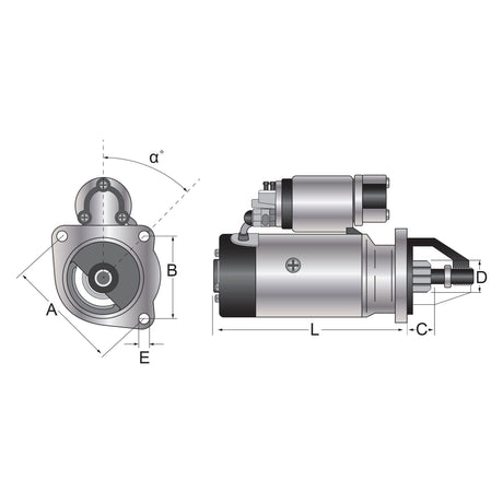 A technical drawing of the Starter Motor - 12V, 3Kw, Gear Reducted (Mahle) by Sparex (Part No.S.32998), featuring front and side views with labeled dimensions A, B, C, D, E, and L along with an angle α°. The component appears cylindrical with additional cylindrical and flat features.