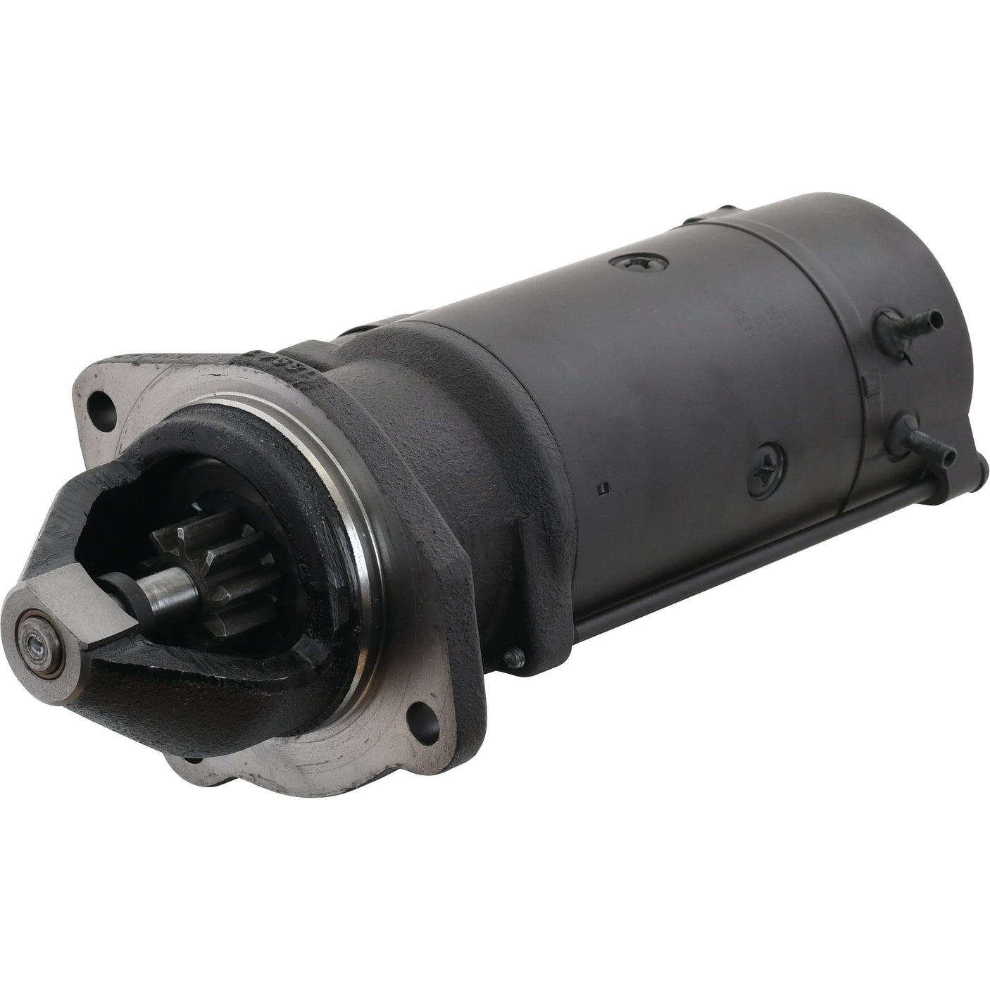 Close-up of the Sparex Starter Motor - 12V, 3Kw, Gear Recepted (Mahle) | Part No. S.32998, showcasing its cylindrical shape with an attached gear and mounting flanges.