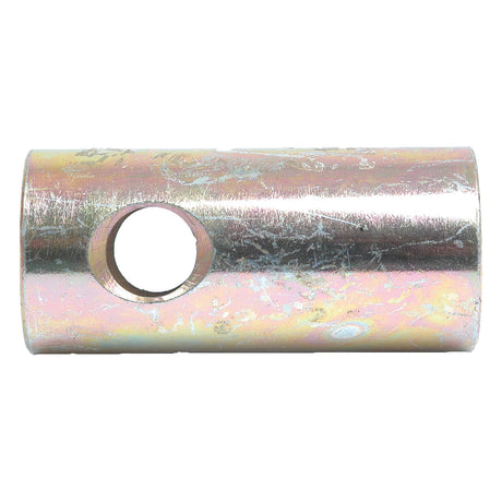 The Sparex Lower Link Conversion Bush (Cat. 2 to 1) - S.33003 is a cylindrical metal tube featuring a small circular hole drilled through its side. The tube's surface is reflective, displaying some discoloration and scratches, likely resulting from the manufacturing process.