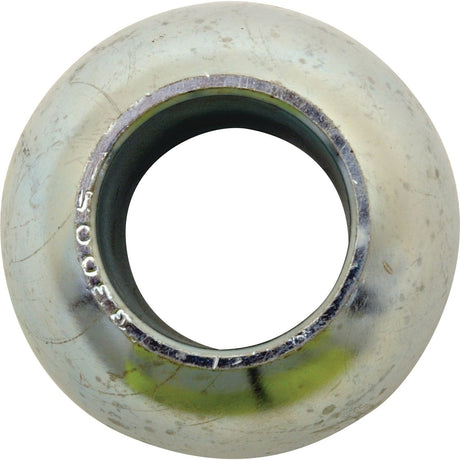 A silver spherical metal joint identified as the Lower Link Ball (Cat. 2/2) - S.33005 from Sparex is depicted against a white background. The object has wear marks and a visible inscription near the central hole, providing key product specifications.