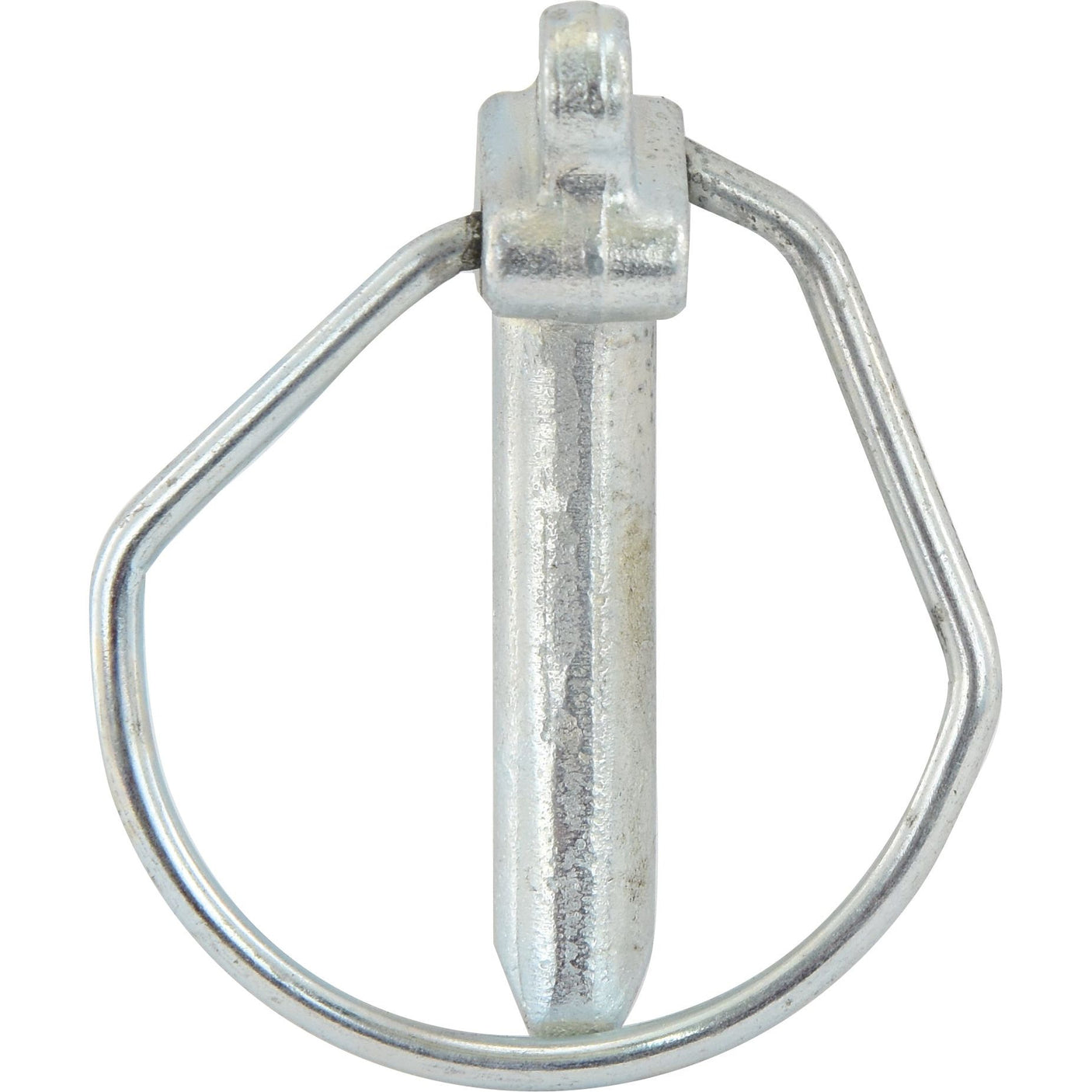 Close-up image of a Sparex Pear Linch Pin with a silver finish, featuring a Ø12mm x 52mm straight pin and a looped, spring-clipped ring designed for Massey Ferguson lower link quick release cone.