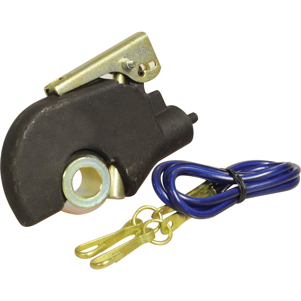 A Top Link Weld On Hook - Cat. 3 - Thread size (Sparex Part No. S.33023) with a black rotor and metallic top beside a blue wire featuring brass connectors, adhering to Sparex product specifications.