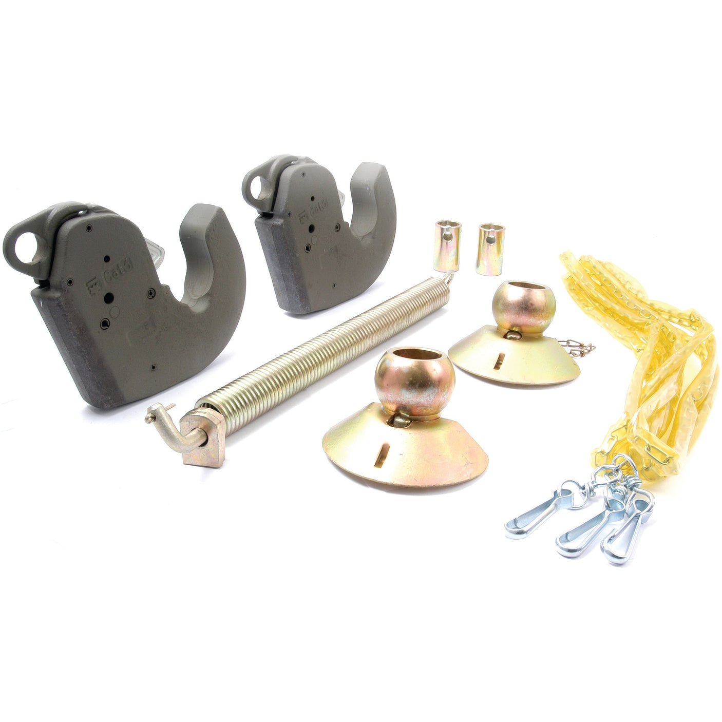 The Lower Link Hook Conversion Kit (Cat. 3) by Sparex, available under Part No. S.33037, contains two metal hooks, two bell-shaped components, a spring, a length of chain, and several small connectors and fittings—all laid out on a white background—perfect for your tractor parts and welding area needs.