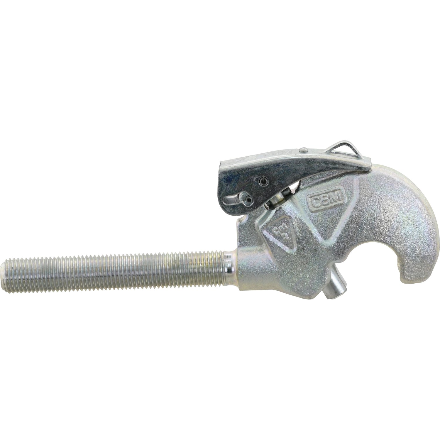 Close-up of the Top Link Forged Hook - Cat. 2 by Sparex (S.33053) featuring a metallic construction with an M27 x 3.00 (RH) threaded bolt and a lever mechanism on top, highlighting intricate product specifications.