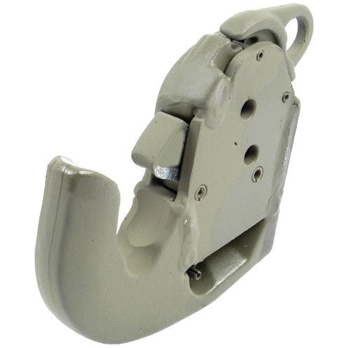 The Sparex Lower Link Weld-On Hook (Cat. 2) | Sparex Part No.S.33085 is a light gray-painted metal hook with a locking mechanism, designed for tractors and suitable for lifting or securing loads.