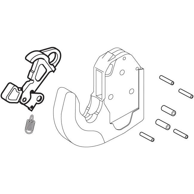 Technical drawing of the Lower Link Weld-On Hook (Cat. 2) | Sparex Part No.S.33085, suitable for tractors, showing individual components including a latch, a handle, a spring, and several cylindrical pins from the Sparex brand.