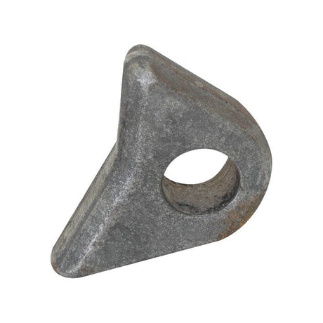 A gray, metal right-angle bracket from the Sparex Brand, featuring a circular eyelet with a 23mm diameter near the shorter end and measuring 85mm in length, isolated on a white background. The product is identified as "Front Loader Bracket - Eyelet" with Sparex Part No. S.33091.