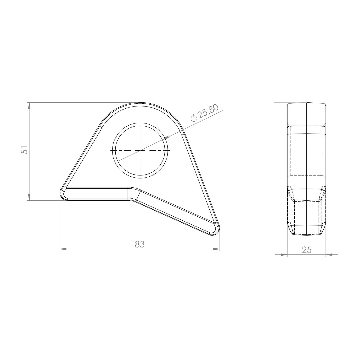Technical drawing of a mechanical part with dimensions labeled. The Sparex Brand Front Loader Bracket - Eyelet, Hole Ø23mm (Sparex Part No.S.33091) features a triangular main body with rounded edges, a central circle, and measurements of 51, 25, and 83 units. The length is specified as 85mm and it falls under Tariff Code 8426990000.
