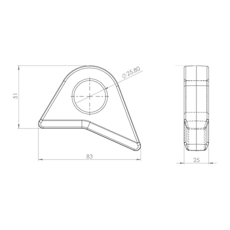 Technical drawing of a mechanical part with dimensions labeled. The Sparex Brand Front Loader Bracket - Eyelet, Hole Ø23mm (Sparex Part No.S.33091) features a triangular main body with rounded edges, a central circle, and measurements of 51, 25, and 83 units. The length is specified as 85mm and it falls under Tariff Code 8426990000.