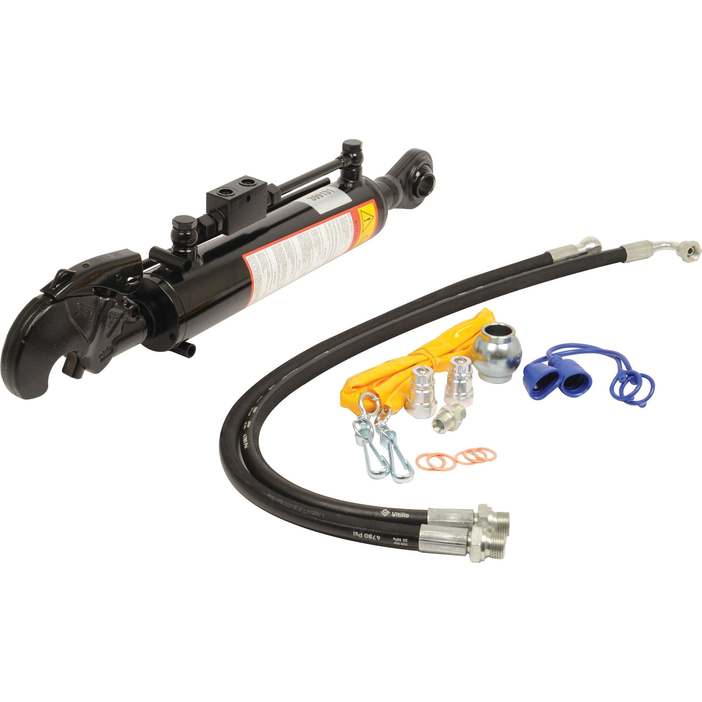 The Sparex Hydraulic Top Link (Cat.1/2) Ball and Q.R CBM Hook (Sparex Part No.S.331000) with a cylinder bore of 63mm and a minimum length of 430mm, complete with attachments such as a comprehensive hose set, fittings, and various tractor accessories, displayed on a clean white background.