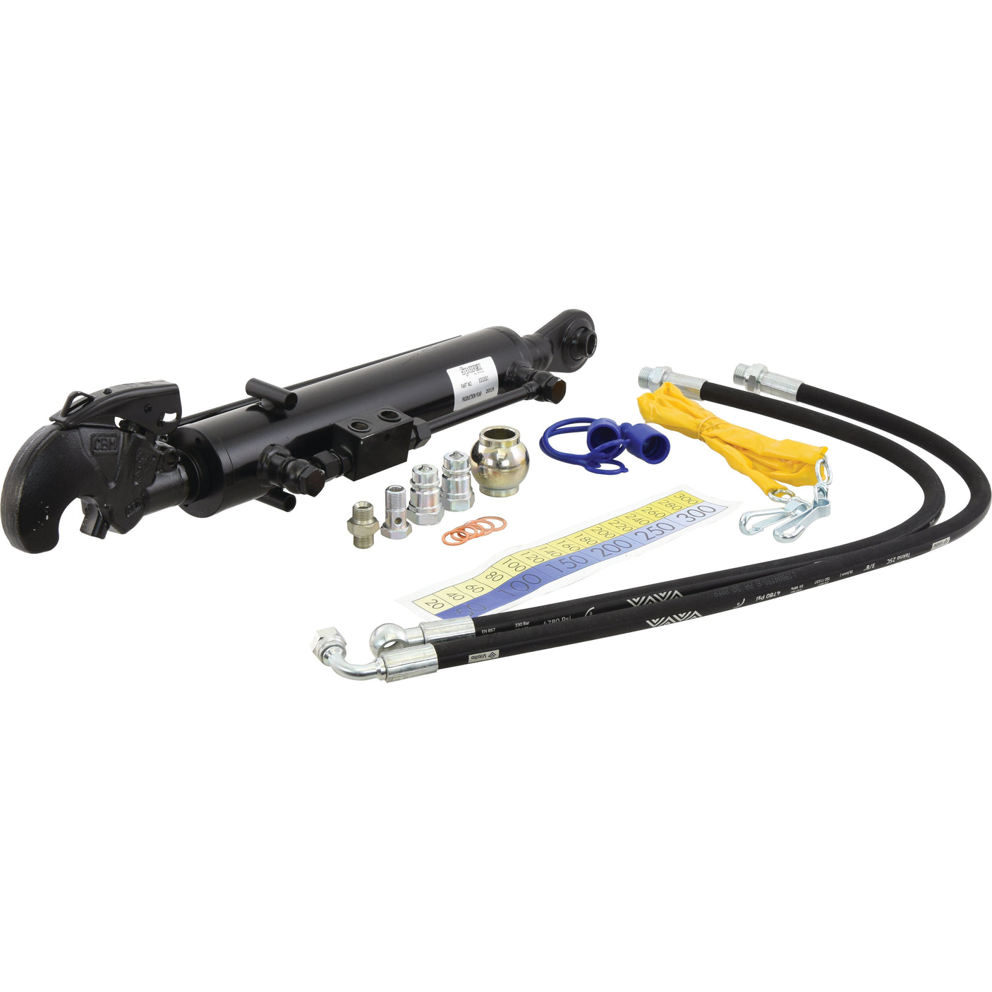 A Sparex Hydraulic Top Link (Cat.1/2) Ball and Q.R CBM Hook with a cylinder bore of 63mm and a minimum length of 610mm, accompanied by attached hoses, various fittings, a yellow protective cap, and additional small components arranged on a white background. | Sparex Part No.S.331031