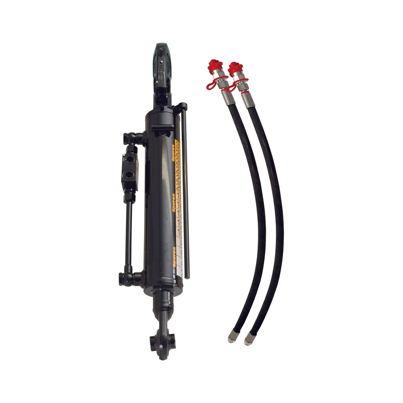 A Sparex Hydraulic Top Link (Cat.1/2) Ball and Q.R. CBM Hook with a 63mm cylinder bore and a minimum length of 610mm, featuring two black hoses and red connectors as part of a complete hose set, placed beside it.