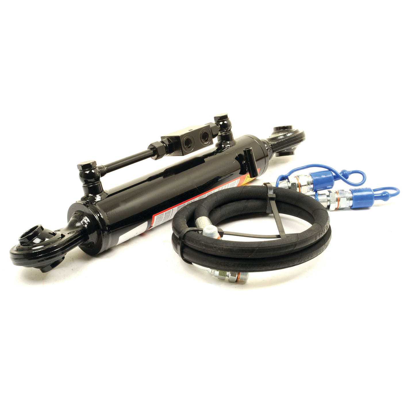 The Sparex Hydraulic Top Link (Cat.1/2) Ball and Ball, with a 63mm cylinder bore and a minimum length of 610mm (Sparex Part No.S.331041), featuring attached hoses and fittings as well as an integrated check valve for efficient operation, isolated on a white background.