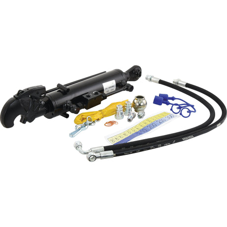 A Sparex Hydraulic Top Link (Cat.1/2) Ball and Q.R CBM Hook with a 70mm cylinder bore and a minimum length of 550mm, along with hoses, fittings, a check valve, and other accessories laid out on a white background. Product: Sparex Part No.S.331071.