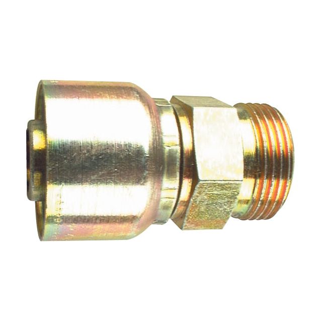 A close-up of the Parker Metric Hose Insert 5/16'' x M14 x 1.50 Male Straight Light Series - S.3311405 by Sparex, featuring a metallic cylindrical connector with a threaded end and a hexagonal nut in the center, suitable for various manufacturing applications.