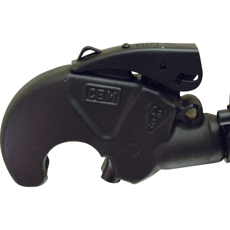 Close-up of a black industrial towing hitch, designed for securely connecting and towing trailers. The device, often used in conjunction with Claas ARION tractor equipment, is made of metal and includes a locking mechanism. Notably, the product shares characteristics with the Sparex Hydraulic Top Link (Cat.2/3) Knuckle and Q.R CBM Hook featuring a 90mm cylinder bore and a minimum length of 650mm (Sparex Part No.S.331202).