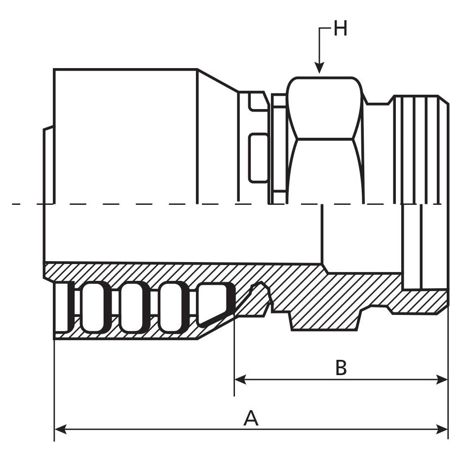 Technical drawing of the Parker Metric Hose Insert 3/8'' x M22 x 1.50 Male Straight Light Series by Sparex (S.3312206), complete with labeled dimensions A, B, and H, showing a cutaway view that provides suitable information on both internal and external features for manufacture.