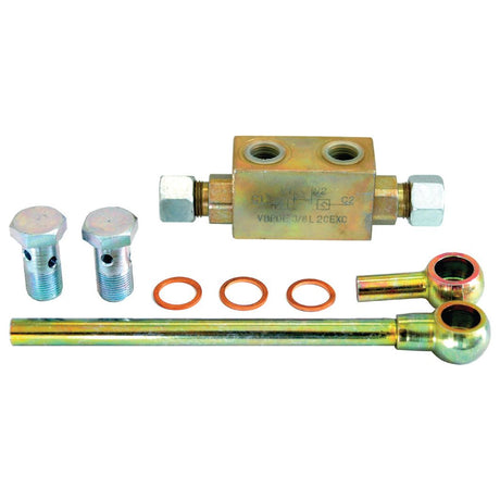 The Hydraulic Double Acting Check Valve assembly for Hydraulic Top Link – S.33137 by Sparex includes a valve, two bolts, two washers, and a rod with eyelets, making it suitable for various applications.