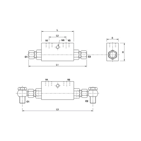 Technical diagram of the Hydraulic Double Acting Check Valve assembly for Hydraulic Top link - S.33137 by Sparex, showing top, side, and front views with labeled dimensions and parts, including connectors C1 and C2, valves V1 and V2, sections L, S, M8, along with suitable manufacturing information.