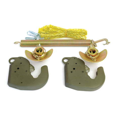 A set of green trailer hitch components, including two hitch heads, a yellow coiled spring, cable, and other metal parts from the Sparex Lower Link Hook Conversion Kit (Cat. 2S) | Sparex Part No.S.33145 arranged on a white background. Suitable for tractors up to 90hp.