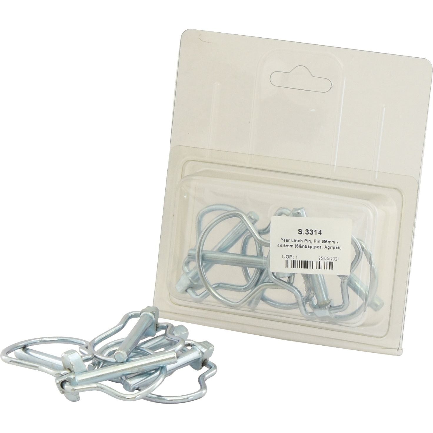 Image of a plastic package containing multiple Pear Linch Pins, Sparex Part No. S.3314, with a label displaying specifications and a barcode. Several loose Ø6mm x 44.5mm Pear Linch Pins are placed next to the package.