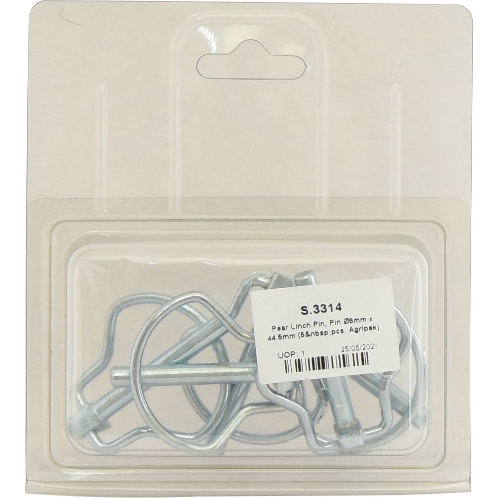 A pack of Sparex Pear Linch Pins, Pin Ø6mm x 44.5mm (5 pcs. Agripak) in a clear plastic container with a cardboard backing. The label indicates the product code S.3314 and includes 5 snap clips.