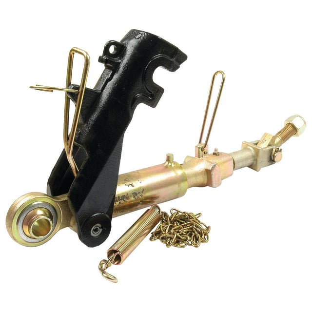 The Automatic Bar Hole Stabiliser with Float Position - S.33160 by Sparex is a robust mechanical linkage assembly that includes a black metal bracket, gold-colored rod with fittings, a spring, and a small chain, making it ideal for machinery or automotive applications.