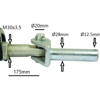 The Sparex Automatic Bar Hole Stabiliser with Float Position - S.33166 measures 175mm in length, has diameters of 20mm, 28mm, and 12.5mm, and features a thread size of M30x3.5. These detailed specifications ensure it is suitable for various applications.