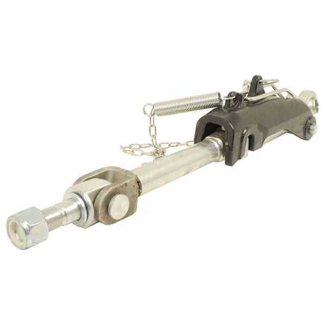 The Sparex Automatic Bar Hole Stabiliser with Float Position - S.33168 is a turnbuckle assembly featuring an attached chain, spring, and locking mechanism, ideal for tensioning applications.