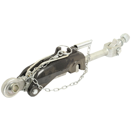 The Automatic Bar Hole Stabiliser with Float Position - S.33174 by Sparex, featuring a metal turnbuckle, chain, and hook attachment designed to apply tension and connect components, is suitable for various applications and displayed against a white background.