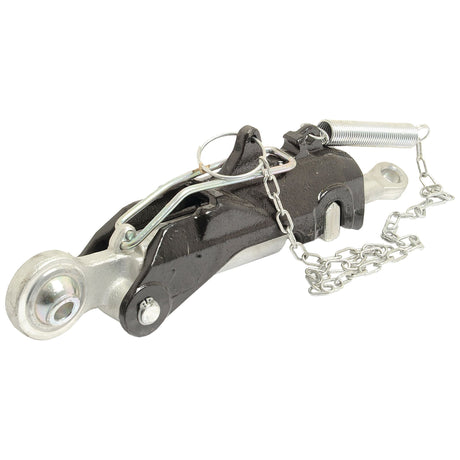 The Sparex Automatic Bar Hole Stabiliser with Float Position (S.33183) in black and silver features a visible locking pin, safety chain, and spring mechanism. It is suitable for various towing needs.