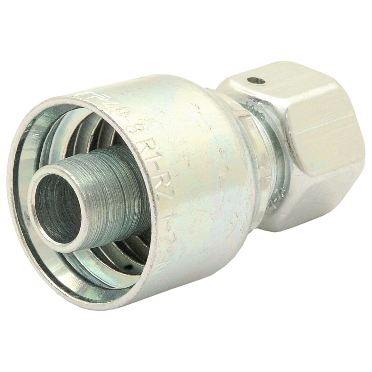 Close-up of the Parker Metric Hose Insert 1/2'' x M18 x 1.50 Female Straight Swivel Light Series - S.3321808 by Sparex, featuring a hexagonal nut on one end and a ridged opening on the other. Ideal for industrial applications, this durable fitting ensures secure connections in hydraulic systems.