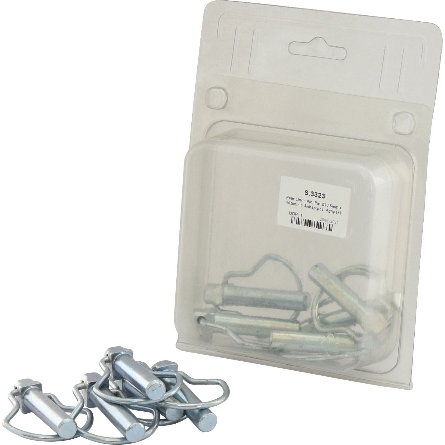 A package of Sparex Pear Linch Pins, Pin Ø10.5mm x 44.5mm (5 pcs. Agripak), with several Pin Ø10.5mm displayed outside the package. The package features a label with product information and a barcode, marked as Sparex Part No.S.3323.