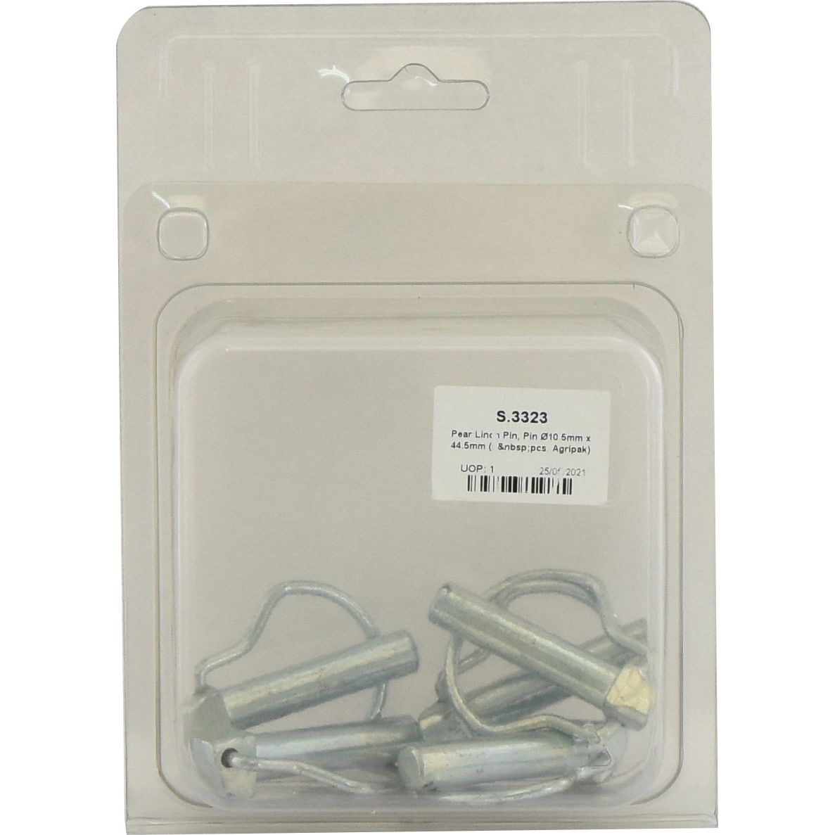 A retail package containing several Sparex Pear Linch Pins, labeled with product information. The clear plastic packaging displays the contents and a barcode sticker on the front, along with "Pin Ø10.5mm" printed for easy identification and "Pear Linch Pin, Pin Ø10.5mm x 44.5mm (5 pcs. Agripak)" noted as Sparex Part No.S.3323.