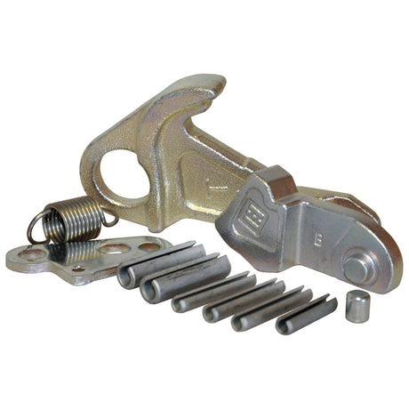 The Sparex Lower Link Hook Repair Kit (Cat. 3, 3S) - Sparex Part No. S.33269, featuring a large hook-like component, a spring, a mounting plate, cylindrical spacers, and small cylindrical rods arranged on a white background.