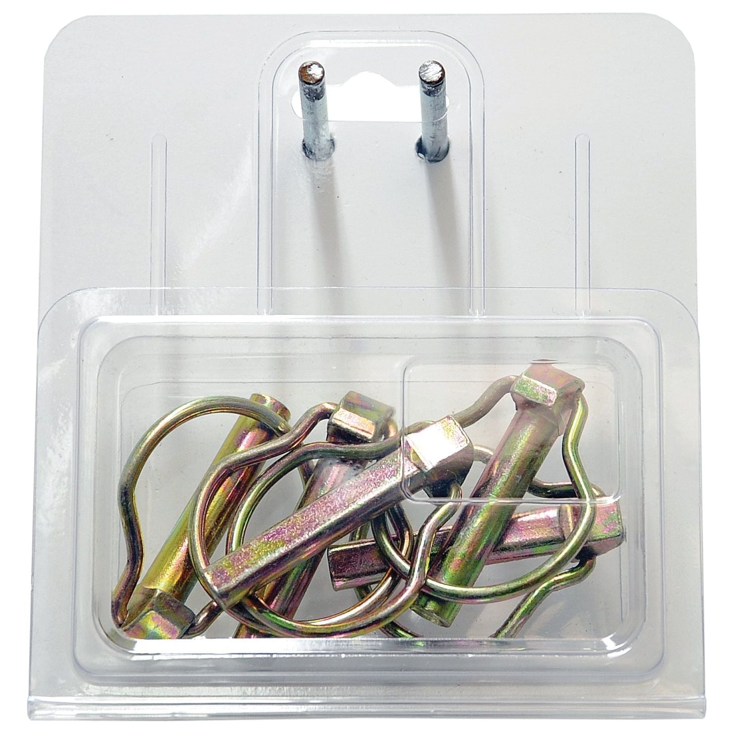 A Sparex Agripak of plastic packaging includes five metal pins, featuring a Pear Linch Pin (Pin Ø9.5mm x 44.5mm with Sparex Part No.S.3335), and two larger metallic objects mounted on the top section.