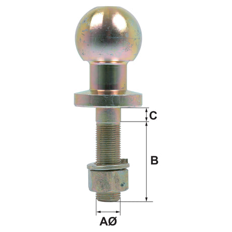 The Ball Hitch Pin, 500Kg (Short) - S.3340 from Sparex is a metal trailer hitch ball equipped with a threaded bolt, nut, and washer. Dimensions labeled A, B, and C indicate width, length, and height measurements. This product is suitable for various towing needs.