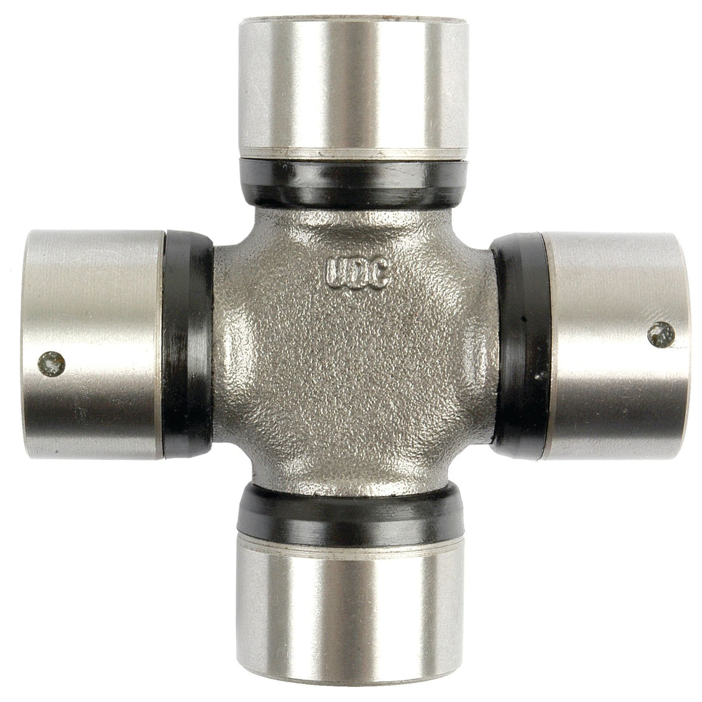 The Sparex Universal Joint 30.0 x 83mm (Part No. S.33621), featuring four cylindrical ends arranged in a cross shape, is perfect for tractor parts and is showcased on a clean white background.